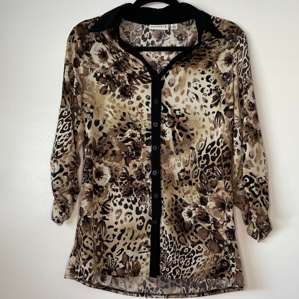 Susan Graver Liquid Knit Abstract Animal Print Button Down